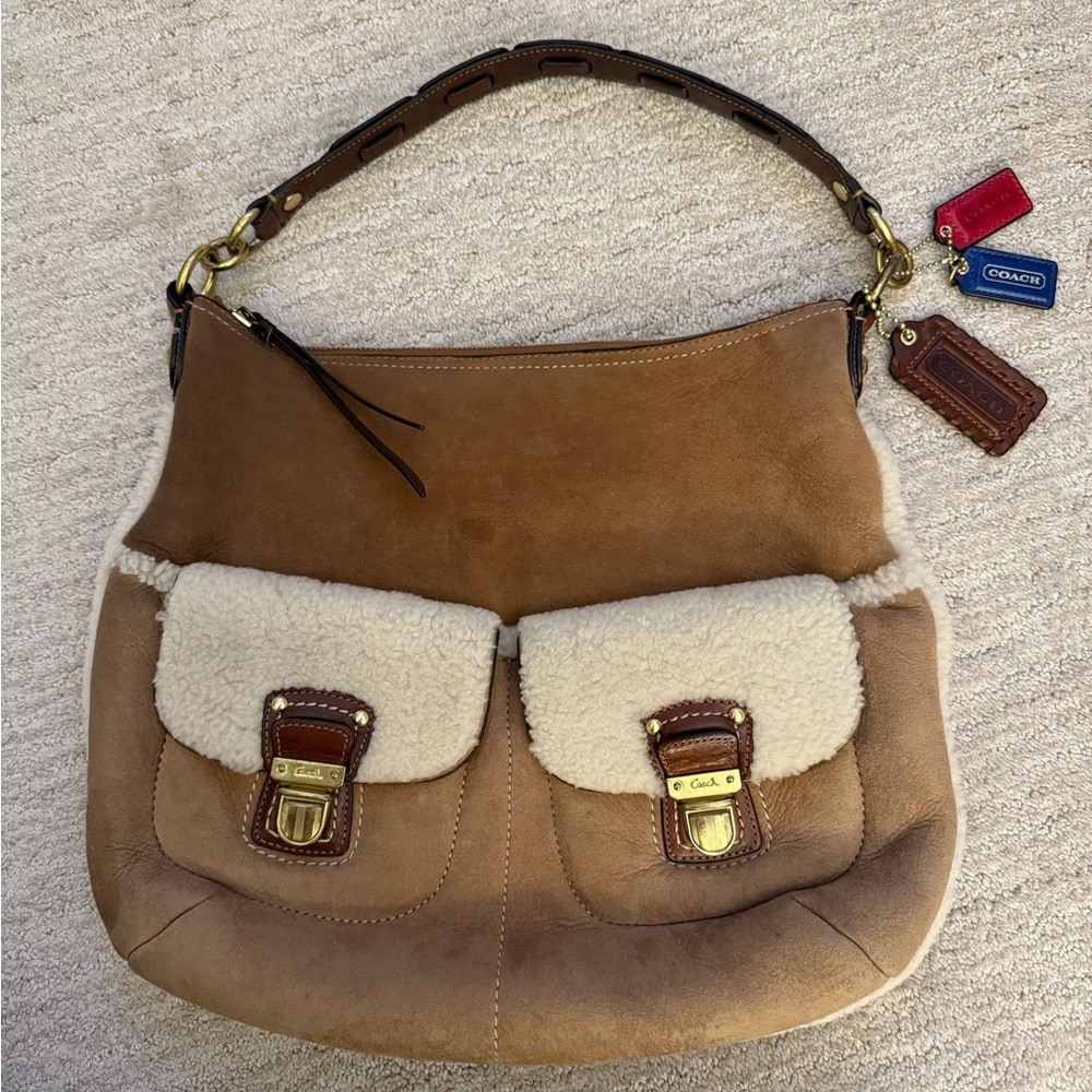 RARE Coach Brown and Cream Shearling Poppy Shoulder Bag
